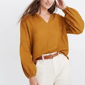 Madewell Shirred-Neck Balloon-Sleeve Top Large Gauze Mustard Long Sleeve Yellow